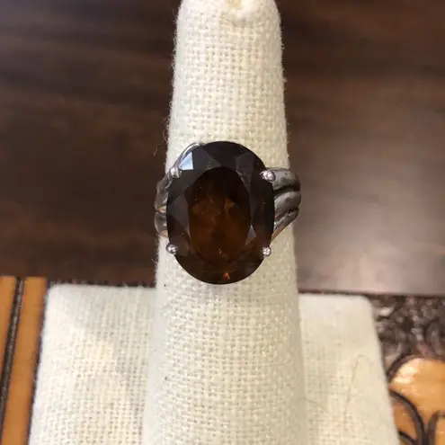Sterling Silver Vintage Smokey Quartz Oval Faceted Cocktail Ring Size 6