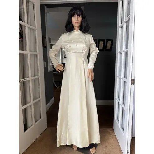 1970s Satin High Neck Long Sleeve Wedding Gown with detachable Train small