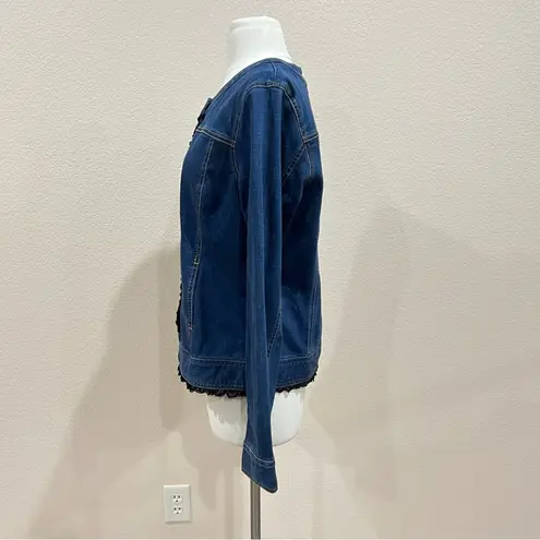 Sahalie Classic Blue Jean Jacket with Black Lace Trim Size Medium