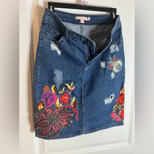 Anthropologie Gardener’s Denim Embellished Skirt Cecilia Prada SP Appliqué Rose