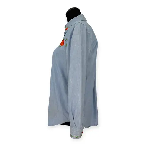 Karen Scott | S | VINTAGE Pumpkin Embroidered Cotton Chambray Button-Down Shirt