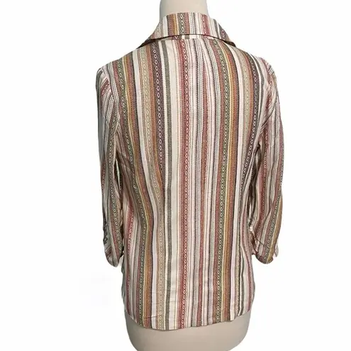 Soho Apparel Striped Linen One Button Ruched Sleeve Blazer White Orange Medium