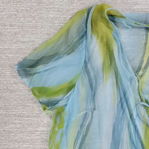 Maggie London Silk Cover Up Blouse Womens Size 16 Blue Green Sheer Swim Beach