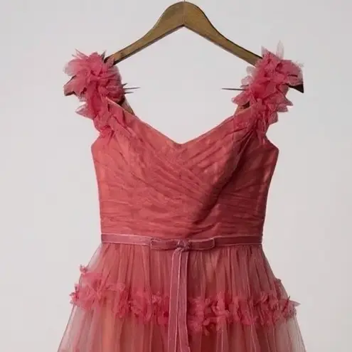 Marchesa Notte Off Shoulder Tulle 3D Floral Midi Gown Dress Size 0 Pink Tiered