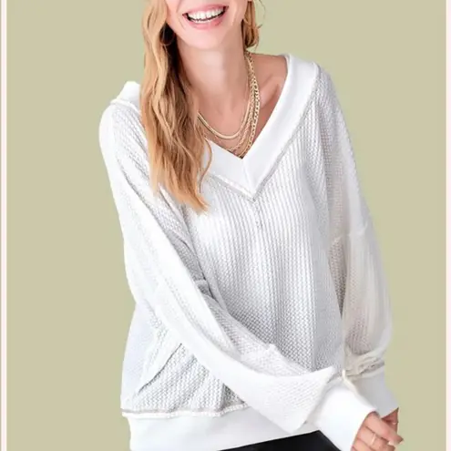 Fray Boutique Women’s S Cozier Than Ever Oversized Top Cream Beige Waffle Knit White