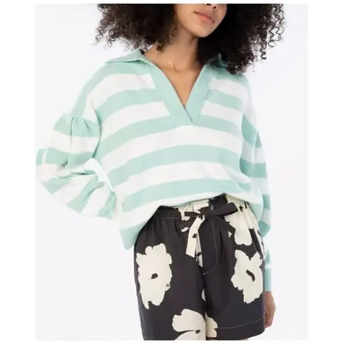 Tanya Taylor Striped V Neck Collar Maisie Knit Sweater Blue/White Cotton Size M