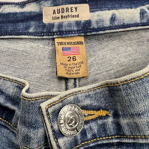True Religion Audrey Slim Boyfriend Distresed Gold Sequin Inset Jeans Size 26 Blue