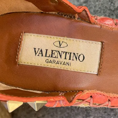 Valentino Garavani Valentino Rockstud double orange leather espadrille wedge sandal size IT 36 US 6