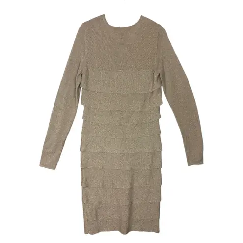 BCBGMAXAZRIA  Womens Gold Metallic Tiered Knit Sheath Dress Sz L "Mariah" Holiday