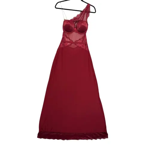 Frederick's of Hollywood Maroon Lace One Shoulder Sheer Maxi Chemise Lingerie M