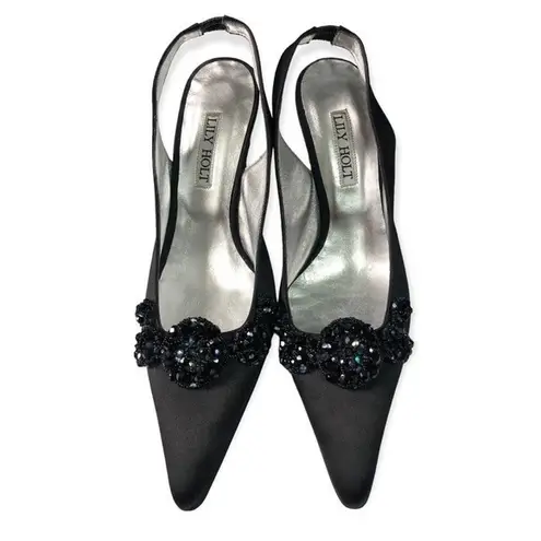 Lily Holt Vintage Black Satin Beaded Pointy Slingback Pumps Size 6