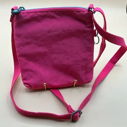 Kipling A Cute Bright Pink 3 Zip Nylon Crossbody Handbag With Monkey