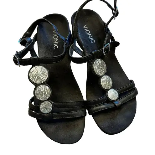 Vionic  Noleen Sandals Womens Size 7 Black Leather T-Strap Wedge Shoes