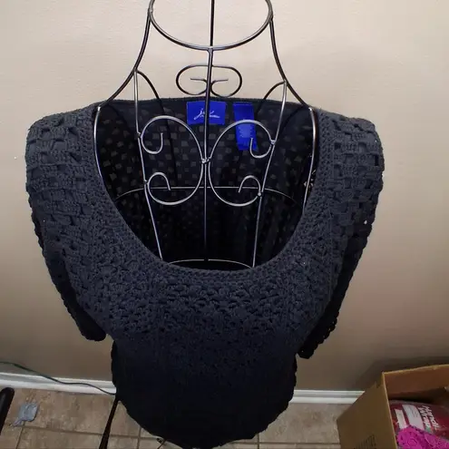 NWOT J.H.COLLECTION Black Hand Knit Crochet Black Sweater Top Tunic Sz M Size M