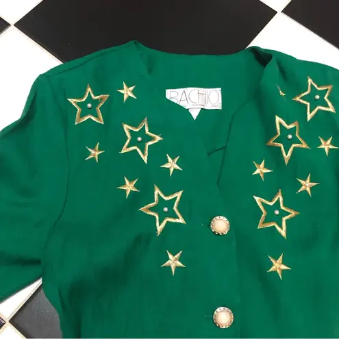 Vintage 80s Bachio Embroidered Stars Long Blazer Jacket Ringleader Leprechaun M Green Size M