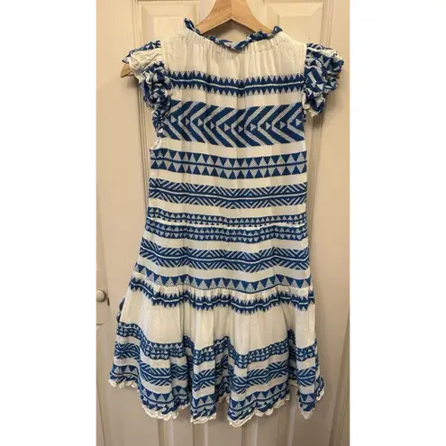 Sail To Sable Geo Stripe Ruffle Neck Dress 100% Cotton Blue White Size XS EUC