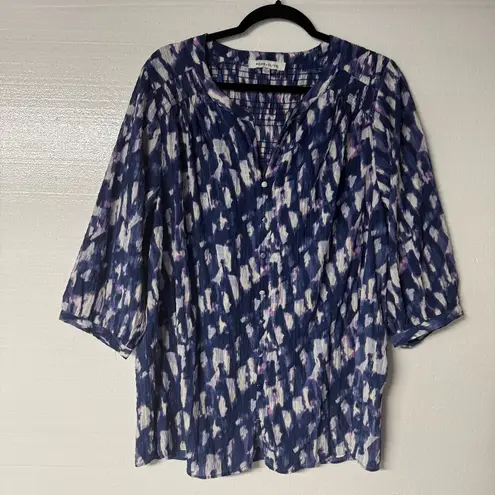 Rose + Olive Rose + Olivia Women Y Neck Top 1X Purple Abstract Watercolor Button Front Flowy