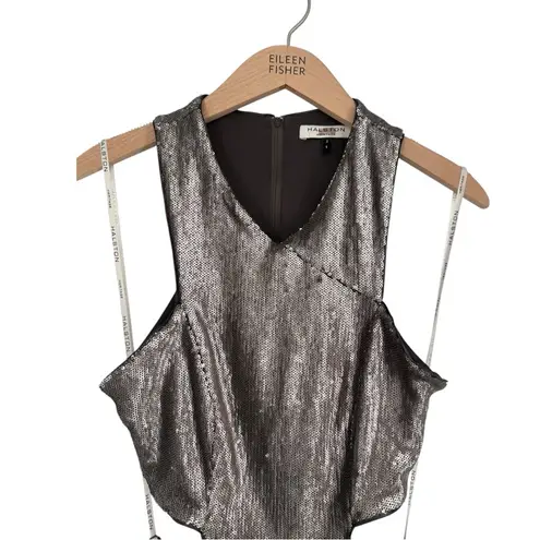 Halston Heritage Antique Silver Sequin Minidress size 2 Side Cutouts Sleeveless - Image 4
