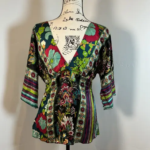 Boston Proper 100% Silk Floral Tunic Top Beaded Embellishment Bohemian Blouse L