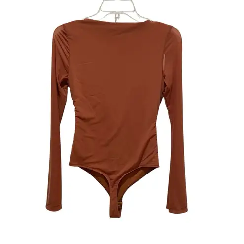 Reoria Boat Neck Bell Sleeve Sheer Mesh Going Out Bodysuit Tops Brown Size Small Orange