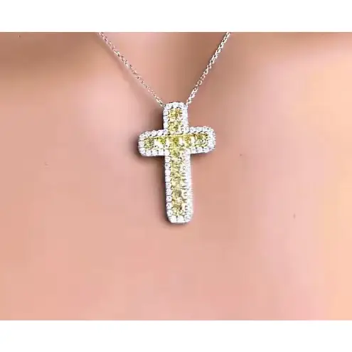Boutique NEW White Gold Filled Synthetic Diamond Citrine Cross Pendant Necklace, 16-18”