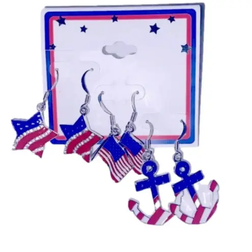 New American earrings 3 pair red white blue star flag anchor hook earrings Silver
