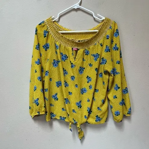 Y2K Yellow Floral Boho Tie Front Blouse Smocked Neckline thumbnail 9