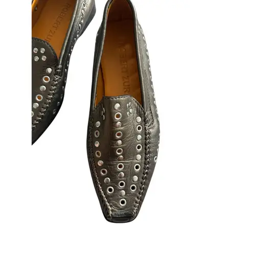 ROBERT ZUR Pewter Silver Metallic Leather Studded Flats Loafers Size 5.5