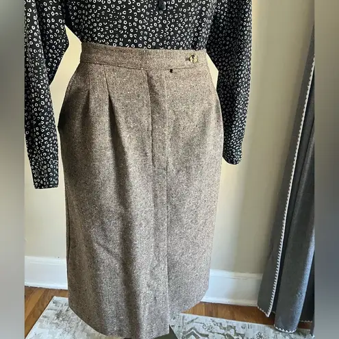 Vintage 70s Wool Tweed Skirt Brown Size M High Waist Midi Fall Academia Size M