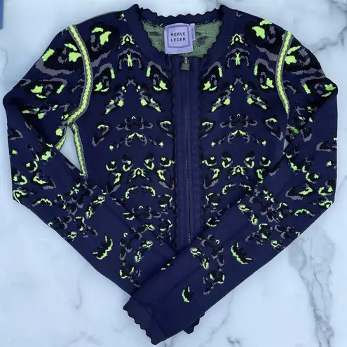 Herve Leger blue animal print front zip cropped cardigan jacket size S small