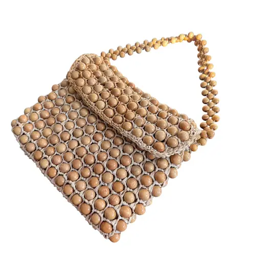 Vintage Beaded Handbag Natural Wood Raffia Woven Made in Japan Brown BOHO Retro Tan