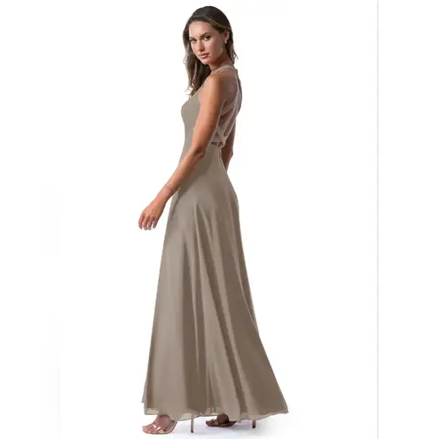 Azazie NWT CLARICE A-Line High Neck Chiffon Floor-Length Dress Taupe Size A4