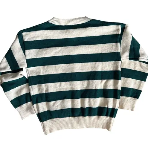 Long Sleeve Crew Neck Button Up Striped Sweater Cardigan Green White Size Large - Image 5