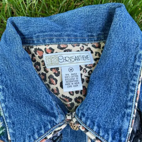 90s / Y2K Denim Vintage Zoo Animal Embroidered Jean Vest Leopard Print Trim Size M