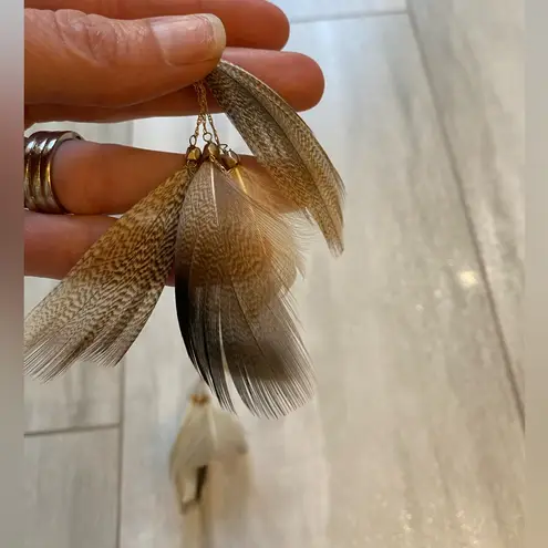 Pair of Feather and Gold Tone Beaded Chain Dangle Earrings for Pierced Ears