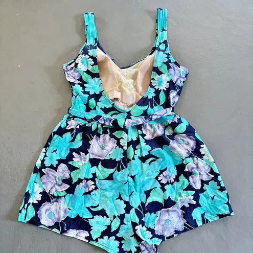 Blair Vintage 80s Floral Swimsuit Black & Green Floral One Piece Size 12