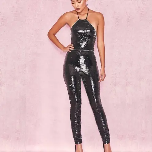 House Of CB NWT  Reia black white sequins halter jumpsuit