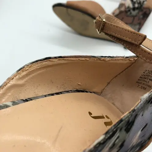 June Ambrose Wedge Sandal Suede Ankle Strap Geometric Beige Blue 7.5 Tan