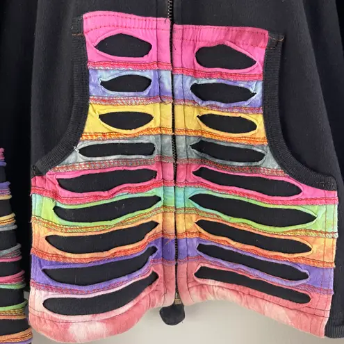 Y2K 90’s Black Rainbow Psychedelic Rip N Tear Wide Bell Sleeve Full Zip Hoodie Size L