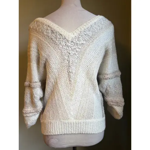 Beldoch Popper Cream Pearl Embellished V Batwing Sweater boho cottage dainty S White