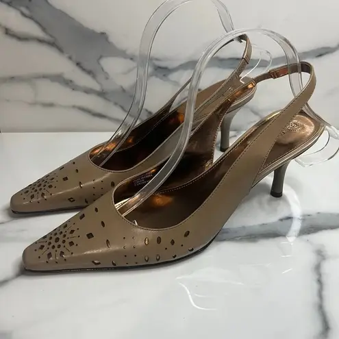 Etienne Aigner | Women's Tan Leather Pointed Toe Slingback Kitten Heels Sz 9