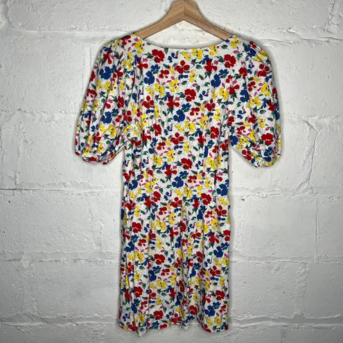 Rixo for Target Women's Linen Rayon Multi Floral Puff Sleeve Button Dress 2 NWT White