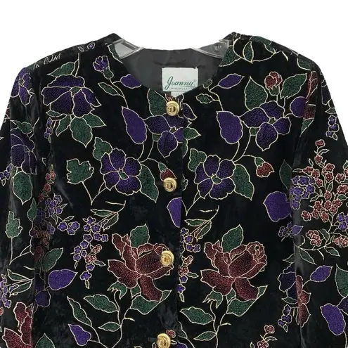 Vintage Black Gold Metallic Velvet Colorful Floral Evening Blazer Size SMALL