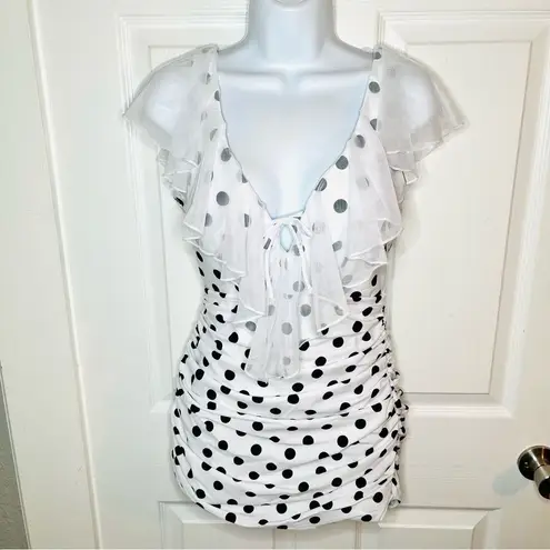 Unique Vintage Polka Dot Ruffle Sheath Swimsuit Mesh Ruffle Black White M NWT