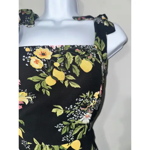 RIHOAS Floral Midi Dress Tie Strap Square Neck Black Yellow Spring Summer S