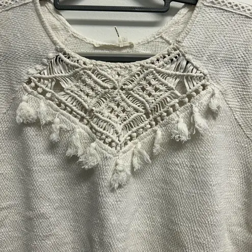 Elegant Cream Boho Woven with Tassels Women's Top White Size XS