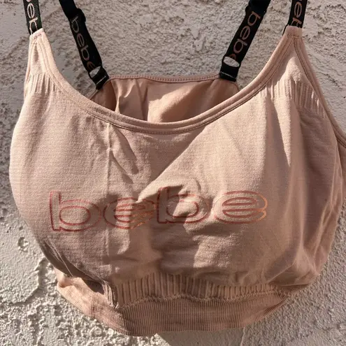 Bebe  2X dark beige logo T shirt sports bra