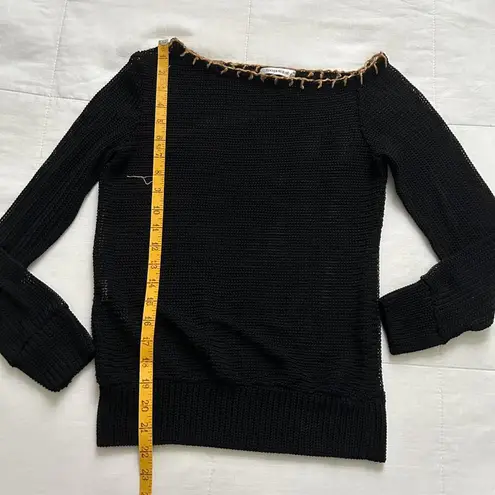 Black open knit off the shoulder sweater with tan blanket stitching Size XS