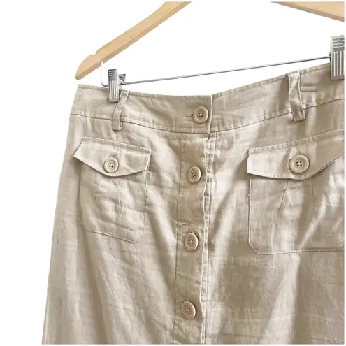 Willi Smith 100% Linen Button Front Skirt Tan 12 Knee Length Pockets Minimalist