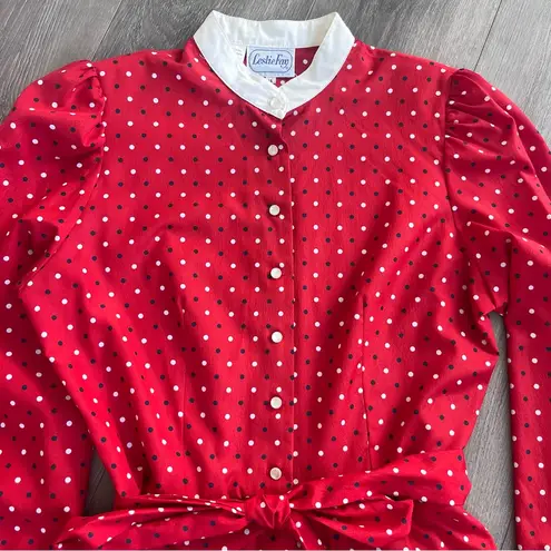 Leslie Fay Vintage Red Polka Dot Long Sleeve White Collar Midi Dress Belted 14